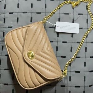 Beige Quilted Chain Shoulder Bag